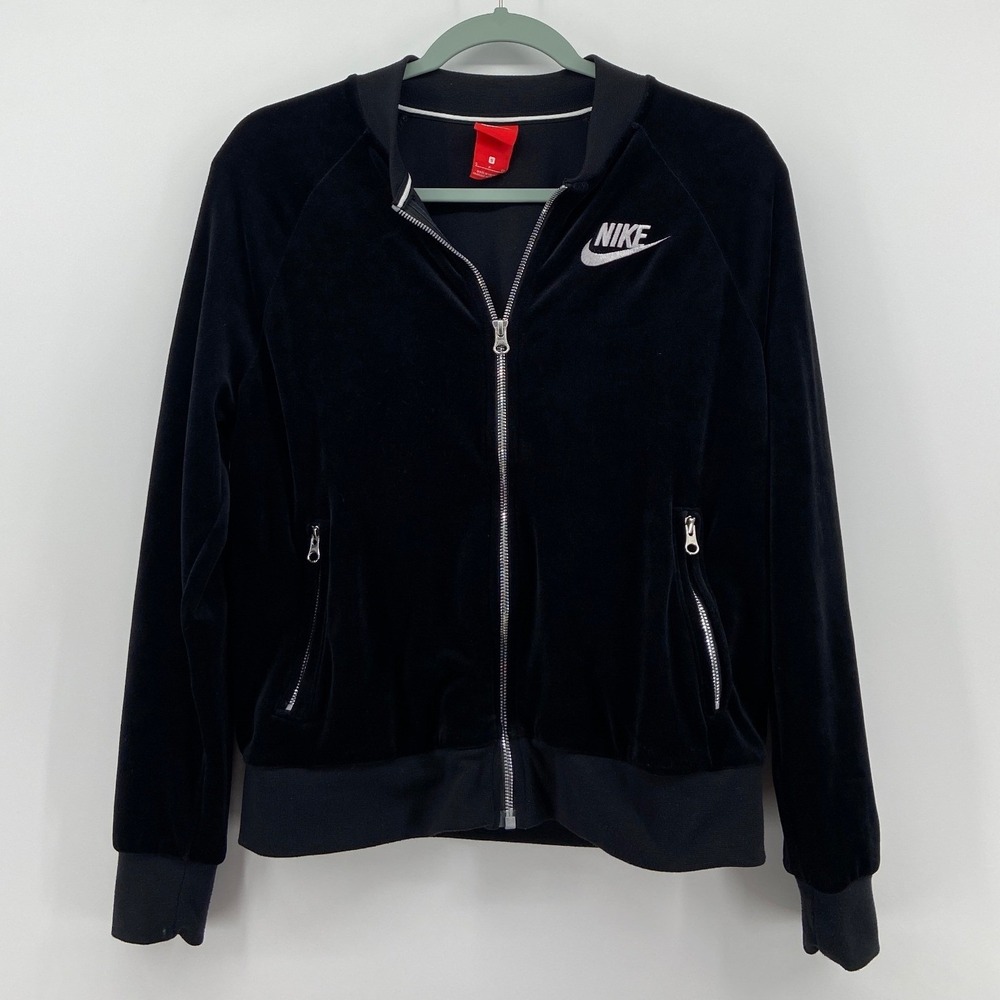 Nike Vintage Black Velour Track Jacket Full Zip Bomber 921149-010 Womens Small